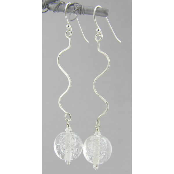 Silver Sparkle Earrings - clear sparkle drop sterling silver squiggle artisan