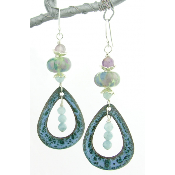 Artisan made teal blue enamel on copper earrings aquamarine gemstones sterling