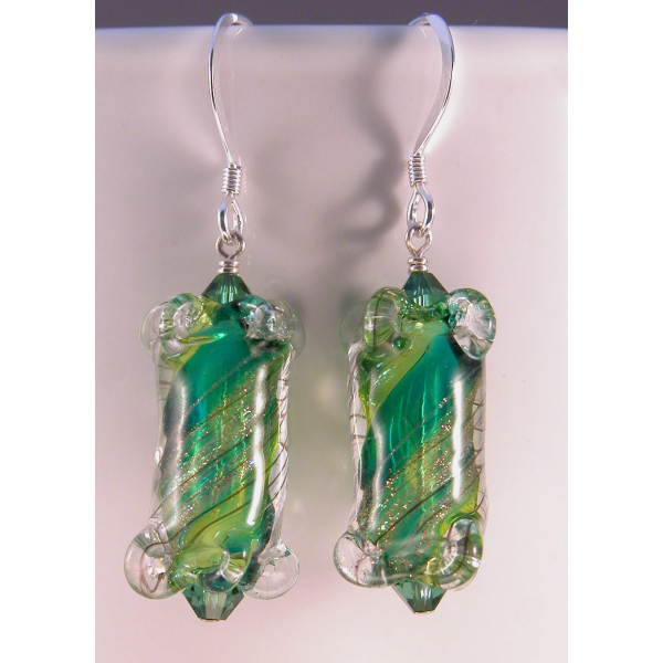 Artisan green short earrings with artisan furnace glass, Swarovski, sterling