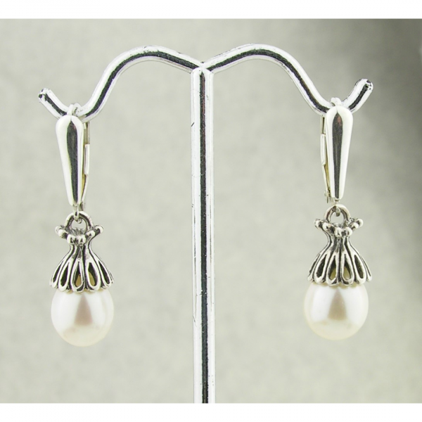 Artisan made sterling lattice petaled earrings with AAA white freshwater pearls