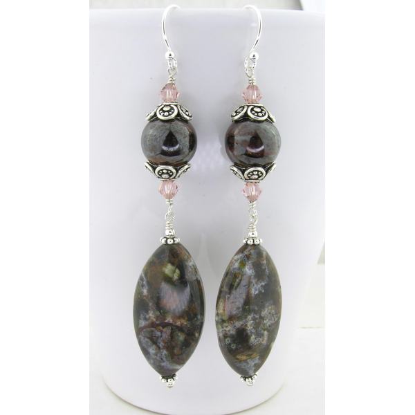 Artisan made brown jasper boulder opal earrings Swarovski crystals sterling