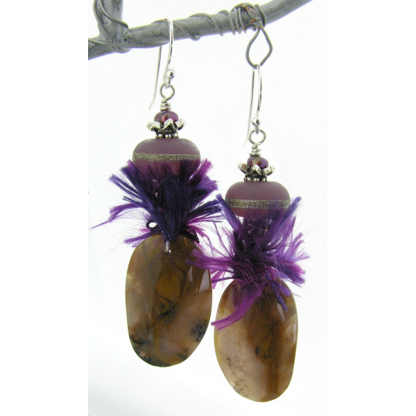 Artisan made brown purple lampwork earrings amethyst sage agate sterling