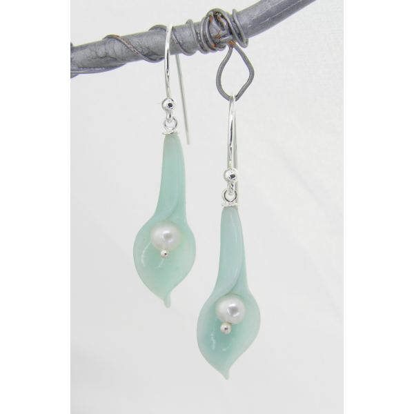 Handmade aquablue earrings with blue quartz carved lily, pearls, sterling