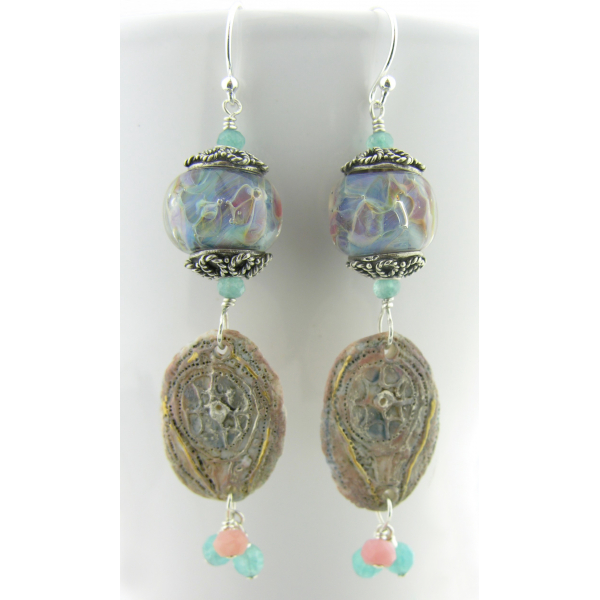 Handmade blue and pink earrings with lampwork glass angelite pink opal sterling