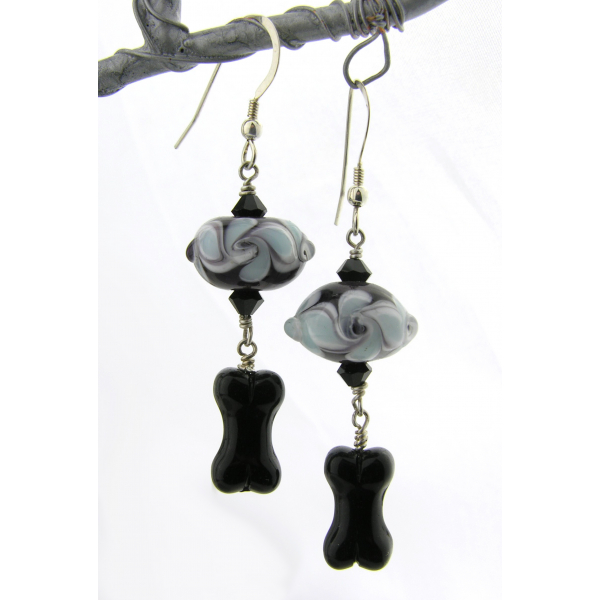 Handmade blue, black, white earrings with lampwork, glass bone, sterling