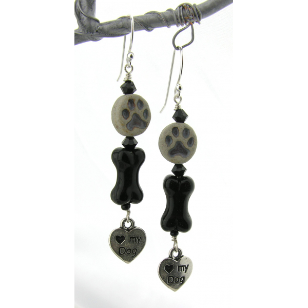 Handmade earrings with black glass bone, gray paw print, dog love charm sterling