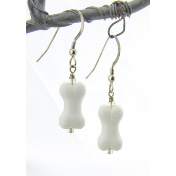 Artisan made white glass bone earrings with sterling silver