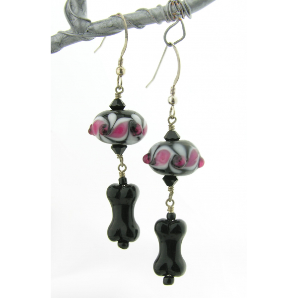 Handmade pink, black, white earrings with lampwork, glass bone, sterling