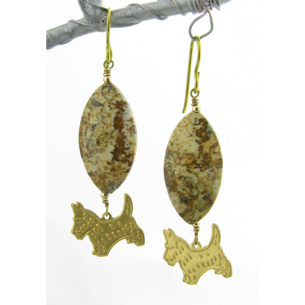 Handmade earrings with brown beige picture jasper brass westie gold fill niobium