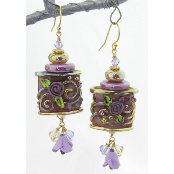 Handmade earrings with purple roses, gold lampwork, polymer rose and gold fill