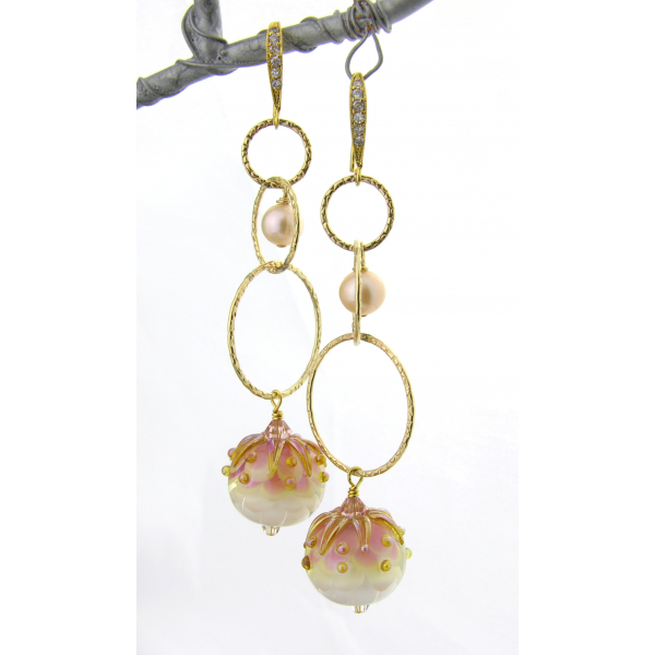 Handmade gold pink earrings with artisan lampwork freshwater pearls gold fill