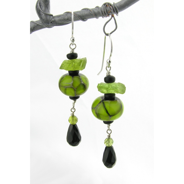 Artisan made lime green black earrings with handmade glass peridot onyx sterling