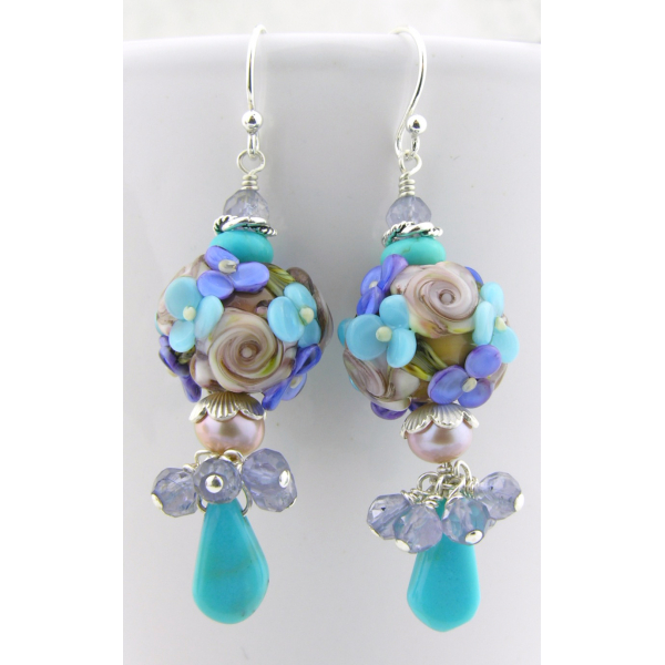 Handmade blue floral earrings with turquoise, lampwork, iolite, pearl, sterling