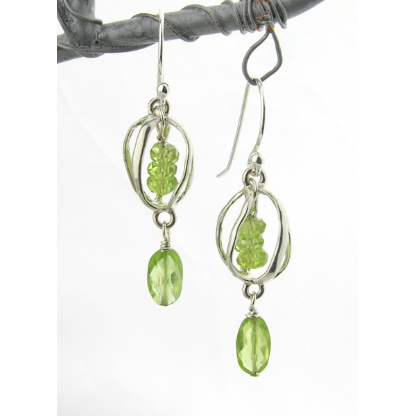 Artisan lime green earrings with caged peridot and sterling silver