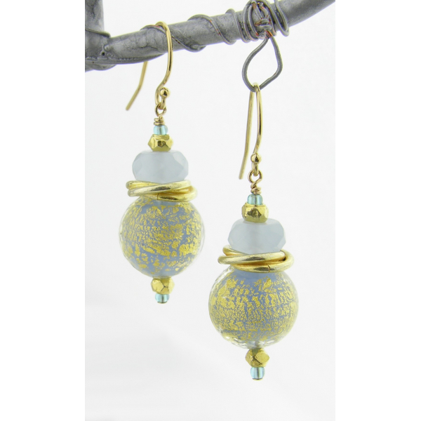 Handmade earrings with baby blue gold venetian bead chalcedony gold fill vermeil