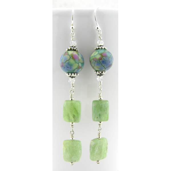 Handmade light green blue purple earrings with green kyanite, lampwork, sterling