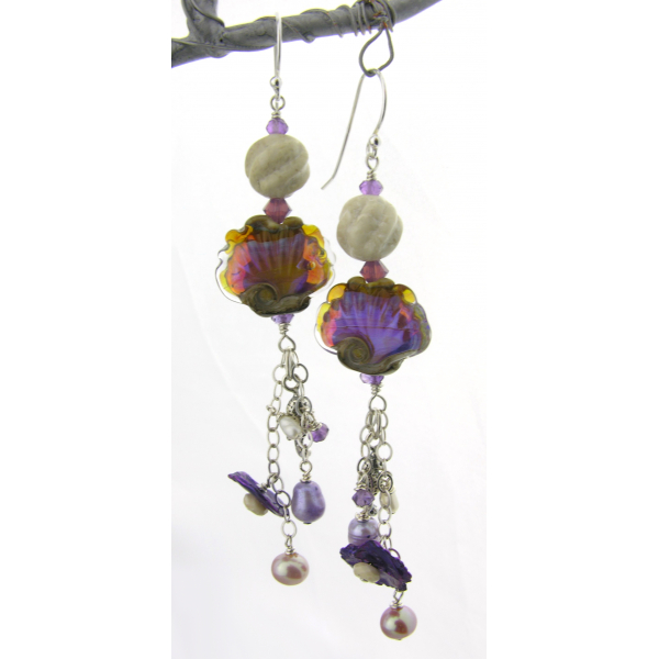 Handmade earrings with purple shell lampwork, seahorse charm, pearl and sterling