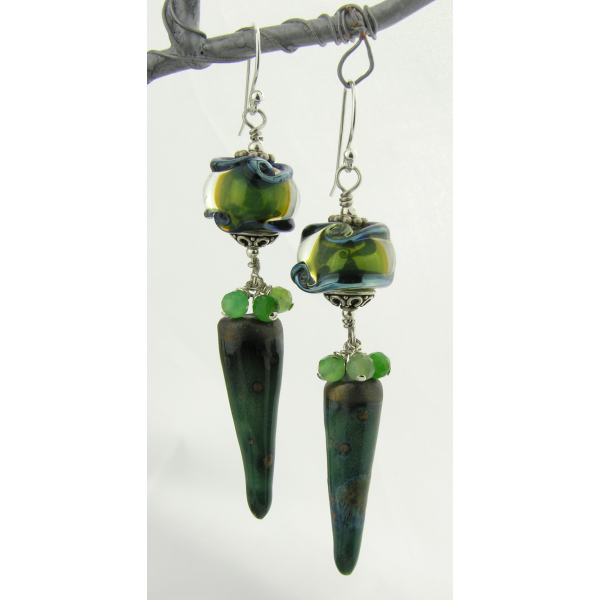 Handmade dark green organic earrings with chrysoprase ceramic spike lampwork