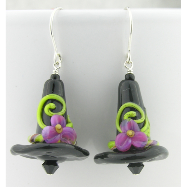 Handmade artisan halloween earrings with black purple witch hats sterling silver