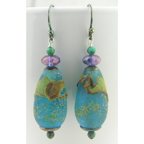 Artisan etched aqua earrings with artisan lampwork glass, chrysocolla, sterling