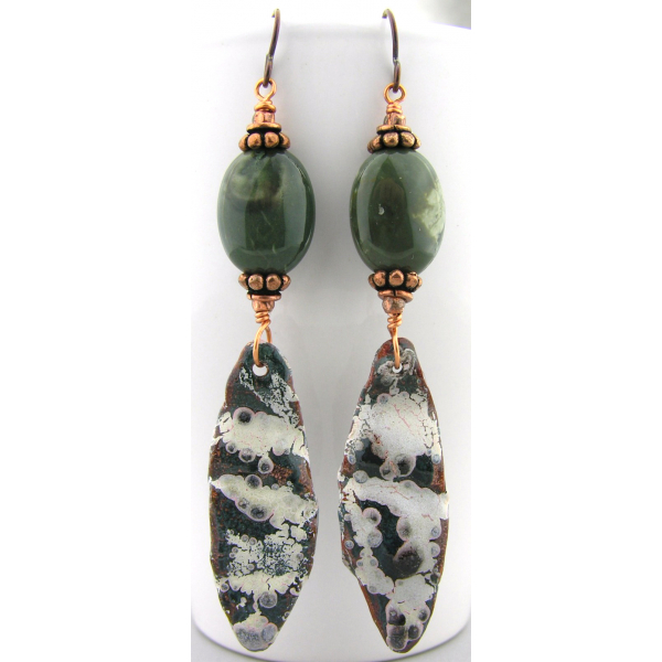 Artisan made green fold formed enamel on copper earrings jasper