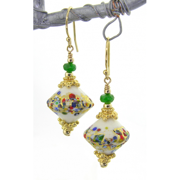 Handmade earrings with ivory klimt style venetian beads tsavorite gold fill