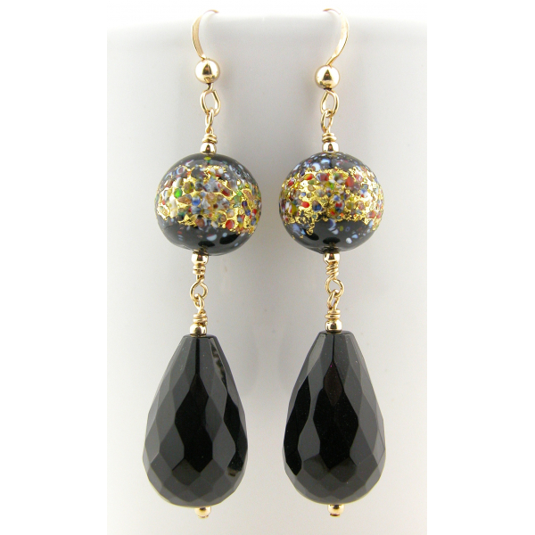 Artisan earrings with black onyx and venetian beads gold fill vermeil