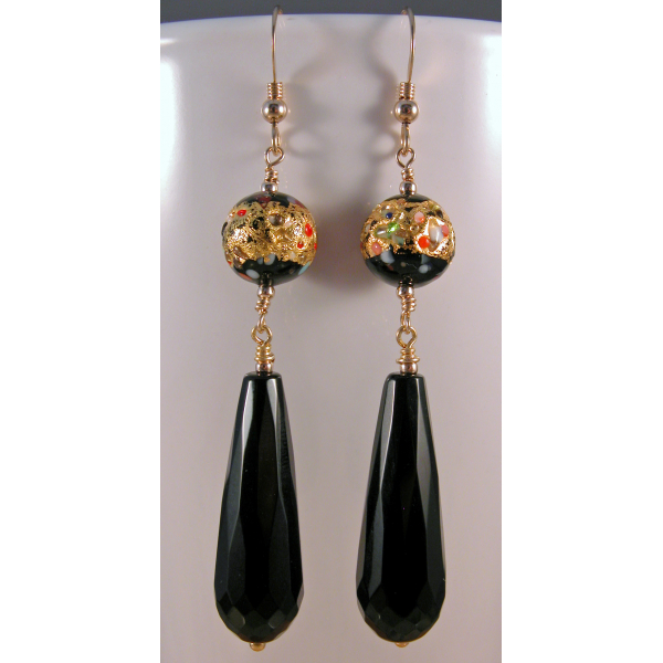 Artisan earrings with black onyx and venetian beads gold fill vermeil