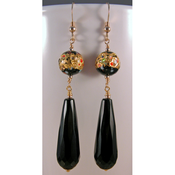 Artisan earrings with black onyx and venetian beads gold fill vermeil