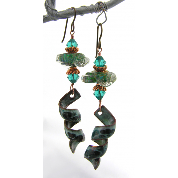 Handmade teal and copper earrings spirals lampwork