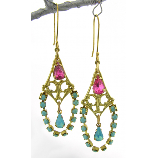 Artisan made turquoise pink rhinestone chandelier brass earrings