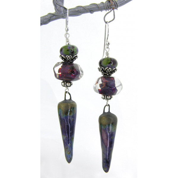 Artisan made purple and green sterling earrings with lampwork, ceramic spike