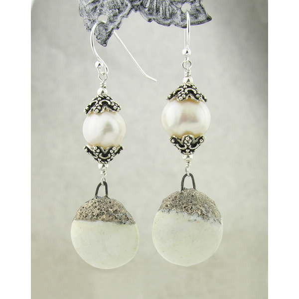 Artisan made white sterling earrings with pearls porcelain disks