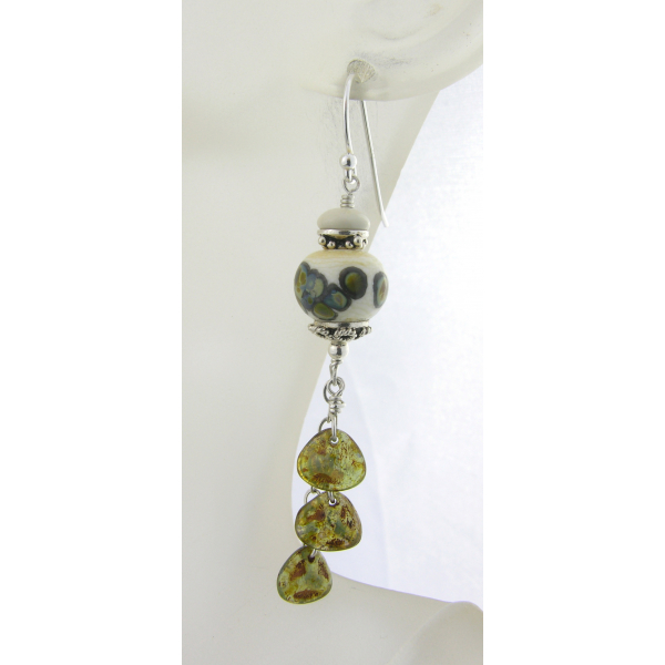 Handmade earrings green white etched lampwork ivoryite Czech petals sterling