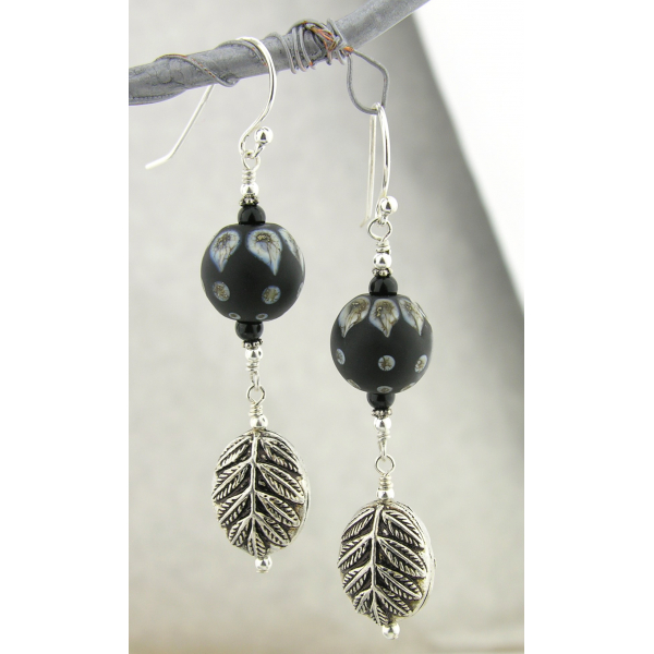 Artisan made sterling leaf earrings with black ivory lampwork, onyx