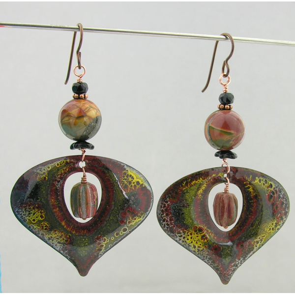 Handmade earrings with red yellow creek jasper drops enamel black onyx copper