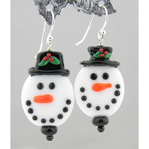 Artisan made white glass snowman face earrings in sterling Christmas winter hat