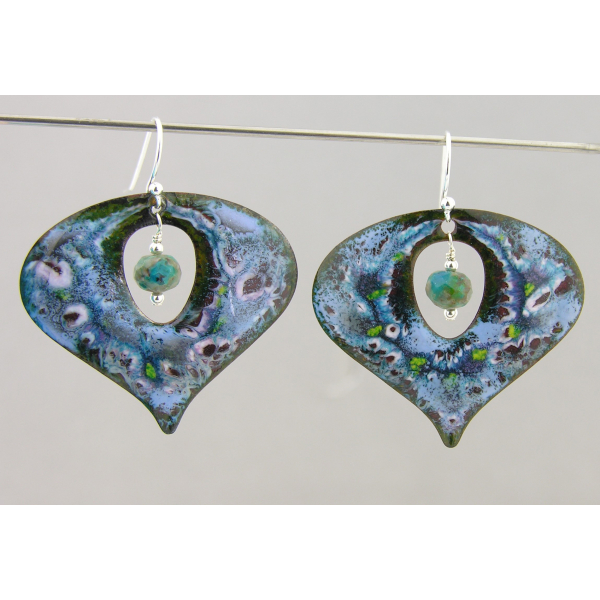 Artisan made blue, green, white enamel on copper earrings chrysocolla sterling