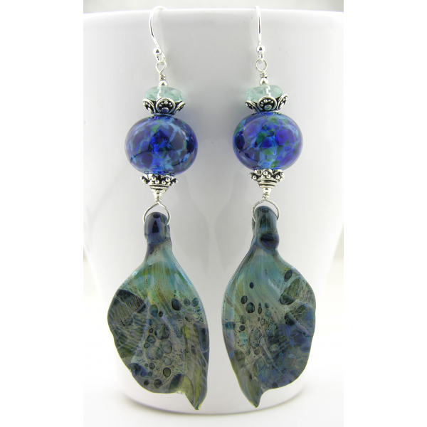 Handmade earrings with blue and teal lampwork glass wings, sterling silver