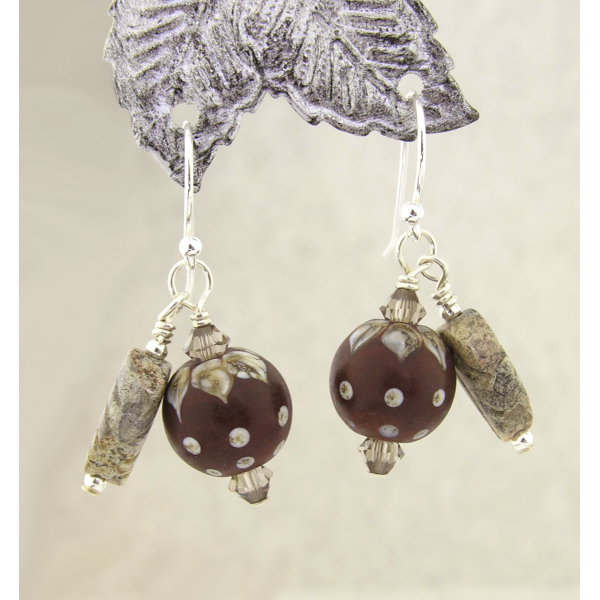 Handmade maroon brown earrings, lampwork, jasper and sterling