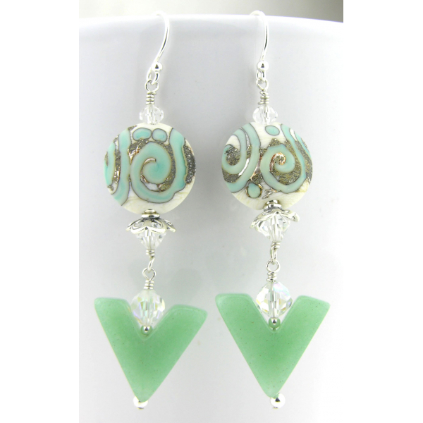 Handmade earrings light green white etched lampwork aventurine crystals sterling