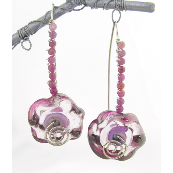 Artisan made hand forged earrings with pink ruffle lampwork ruby gemstones