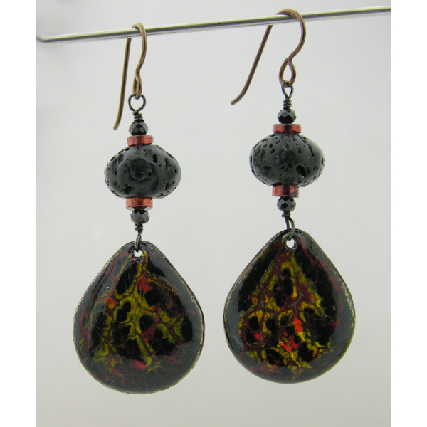 Artisan made organic crackle enamel on copper lava black spinel garnet earrings