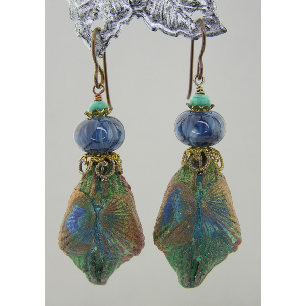 Artisan green blue gold earrings with artisan polymer, glass, turquoise, brass
