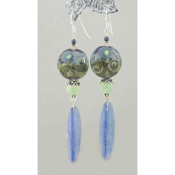 Handmade greblue earrings with lampwork glass, kyanite zircon sapphire sterling