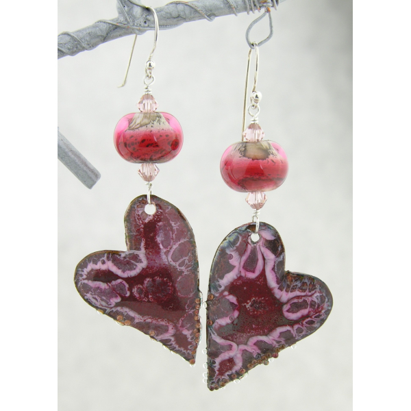 Red, pink, white crackle enamel on copper heart.