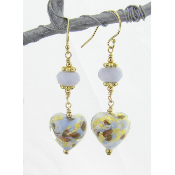 Handmade earrings with light blue white gold venetian hearts agate gold fill