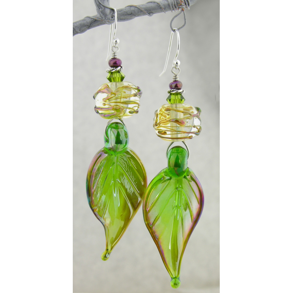 Artisan spring green earrings with lampwork glass leaf, maroon pearl, sterling