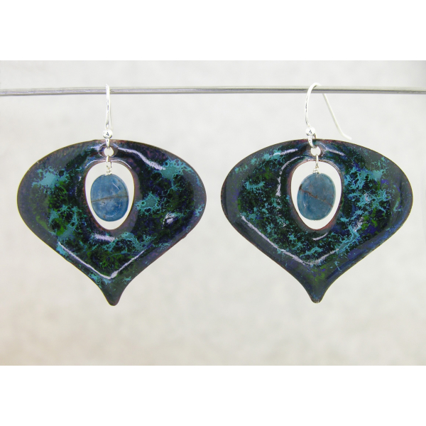 Artisan made blue, green, aqua enamel on copper earrings apatite sterling