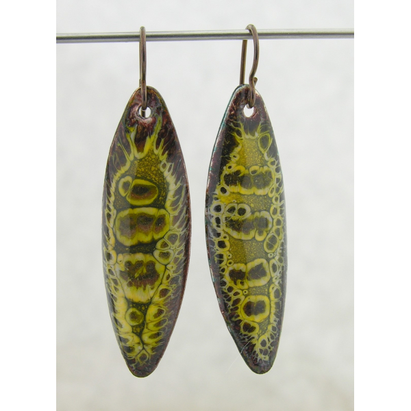 Artisan made organic crackle enamel on copper yellow brown earrings